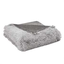 CosmoLiving by Cosmopolitan Cleo Throw Blanket-Faux Fur Shaggy to Mink Reverse Deluxe Ombre Fuzzy Design Spread, Ultra Soft, Cozy Living Room Couch, Sofa, Bed, 50" x 60", Grey