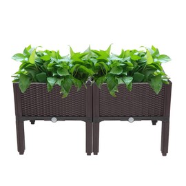 Outdoor 2Pcs Plastic Raised Garden Bed Self-Watering Plastic Planter Garden Free Splicing Injection Planting Box Stand (Brown)