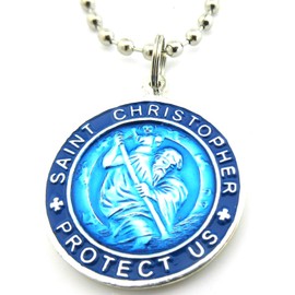St. Christopher Large Surf Medal Necklace Pendant, Protector of Travel am-nv Aquamarine Blue-Navy