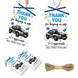 Serencatcher 50pcs Police Appreciation Thank You Tags, Blue Black Police Car Themed Gift Tags with Twine 1.9x3.5 Inches for Birthday Party Favors Officer Policeman Encouragement Recognition Events
