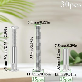 Pack of 30 Connection Screws M6 65-76 mm Furniture Connectors Cabinet Connector Screws (15 x Furniture Screws, 15 x Sleeve Screws) Connection Screw Furniture Connecting Screws for Furniture Cabinets