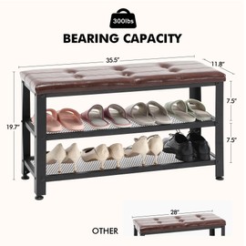 Apicizon 35.5" Shoe Rack Bench, 3-Tier Entryway Bench, with Leather Seat and Metal Frame, Loads 300 lb, Suitable for Living Room, Hallway, Mudroom, Doorway, Rustic Brown