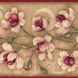 Concord Wallcoverings Wallpaper Border Floral Pattern Flowers Leaves Swirls for Cottage Bedroom Living Room, Beige Pink Green, 15 ft by 7 in KM7774B