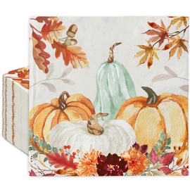 Generic AnyDesign 50Pcs Fall Paper napkin Watercolor Floral Pumpkin Maple Leaves Luncheon Napkins Autumn Dessert Dinner Hand Napkin for Thanksgiving Party Supplies, 6.5 x 6.5 inch