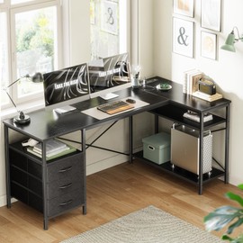 Huuger L Shaped Desk with Power Outlets, Computer Desk with 3 Drawers, 55 Inch Office Desk with Shelves, Gaming Desk, Corner Desk Work Desk for Home Office, Study, Black