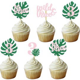 DOMOO OF DREAMS Safari Wild Three Cupcake Topper 3rd Birthday Party Decoration For Girl Jungle Glitter Tropical Leaf Food Picks Pink 3