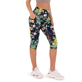 ODODOS Women's High Waisted Printed Yoga Capris with Pocket, Tummy Control Non See Through Workout Sports Running Athletic Capri Leggings, Plus Size, Tropical Flower, XX-Large
