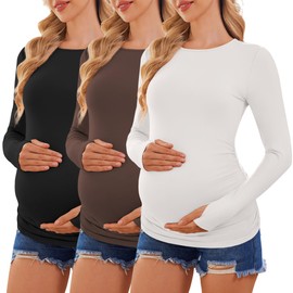 Ekouaer Maternity Shirts Womens Long Sleeve Pregnancy Clothes Side Ruched Crew Neck Tops Casual Tshirts 3 Pack Black/White/Brown M