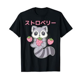 Cute Kawaii Raccoon Embrace A Big Strawberry Anime T-Shirt