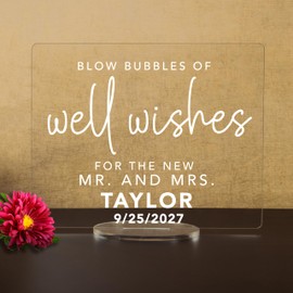 Bubble Send Off Sign - Blow Bubbles of Well Wishes for the New Mr & Mrs - Acrylic Wedding Sign (8"H x 10"W, Clear)