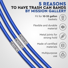Mission Gallery Trash Can Rubber Bands Set of 3 - Elastic Garbage Can Bands with Metal Connector, Fits 13 to 33 Gallon Trash Bags - Gripper Trash Can Bands for Waste Baskets, Blue