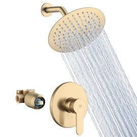 POP SANITARYWARE Shower Faucet Set Brushed Gold Bathroom Rainfall Shower Fixture Wall Mounted 8 Inch Shower Head system Single Handle Shower Trim Kit with Rough-in Valve