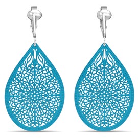 Aloha Earrings - Victorian Filigree Clip On Earrings for Women - Non Pierced Dangle Fashion Jewelry (Large Filigree - Turquoise Blue)