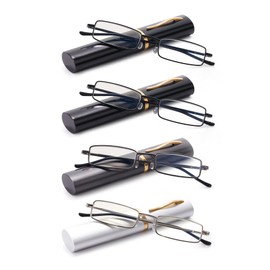 WENS JOOY Reading Glasses 4 Pack Portable Anti Blue Light with Case Mini Readers for Men Women (2Black,Gunmetal＆Silver, 2.75x)