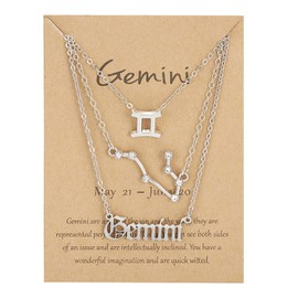 3Pcs 12 Constellation Zodiac Sign Layered Choker Necklaces Letter Astrology Horoscope with Message Card for Women Jewelry-Silver Gemini