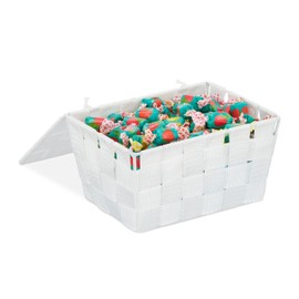 Relaxdays 1 x Storage Basket with Lid, Wicker Look, Bathroom Organiser, H x W x D: 10.5 x 19.5 x 14.5 cm, Plastic Basket, White
