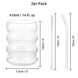 Winter Shore 410 ml Gerippte Gläser mit Glas Strohhalm [2er-Pack] - Einzigartige Gewellte Gläser für Tee, Bier, Limonade, Wasser - BPA-Freies Iced Coffee Glas - Inklusive Strohhalm Reinigungsbürste