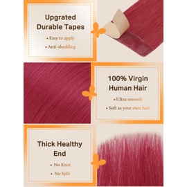 DOORES Real Hair Tape Extensions, Remy Hair Tape, Burgundy Red, 35 cm (14 Inches) 25 g, 10 Pieces, Supplement, Tape Extensions, Real Hair, Straight Hair