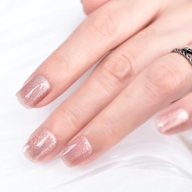 LINSSQ Shimmer Nude Pink Press on Nails Cat Eye Gel Nails, Short Squoval False Nails, Glossy Shiny Glitter Manicure Reusable Fake Fingernails Nail Art Tips for Daily Office Party