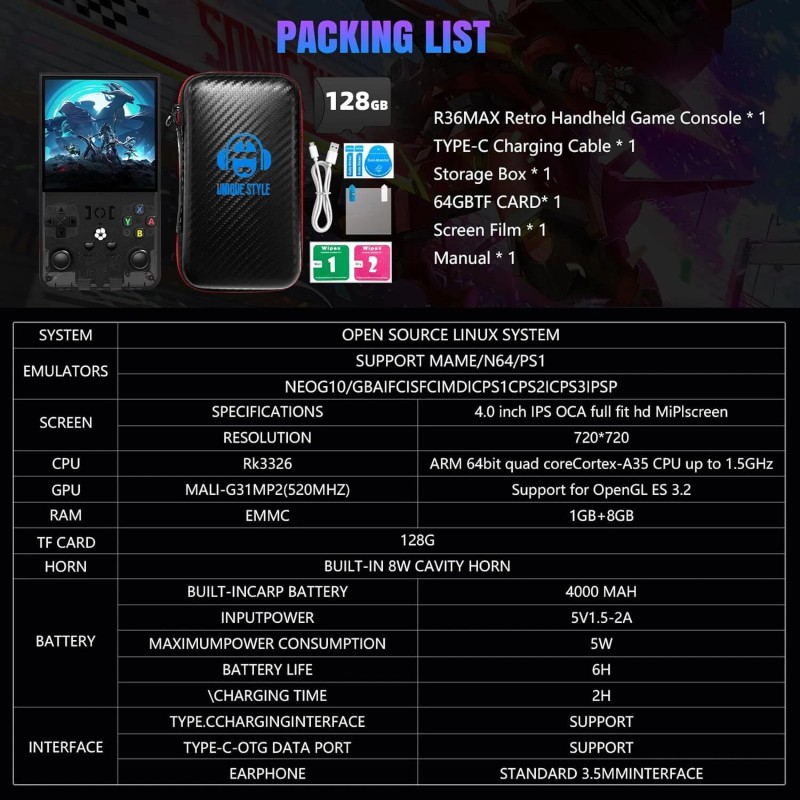 128GB Grey, R36 Max Retro Handheld Video Game Console,22000+ Games,4.0Inch