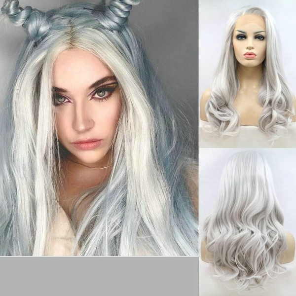 SERENEWIG 26 Inch Silver Gray Synthetic Lace Front Wigs for