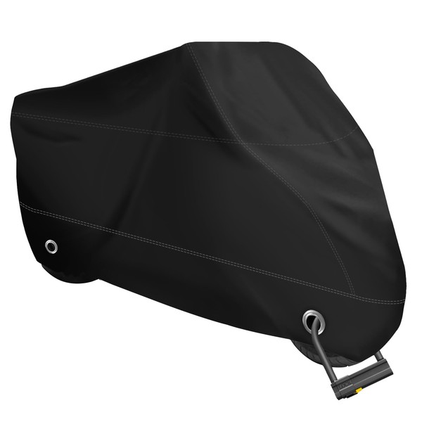 XYZCTEM Motorcycle Cover -Waterproof Outdoor Storage Bag,Made of Heavy Duty Material, Fits up to 108" Harley Davison and All Motors(Black& Lockholes& Professional Windproof Strap)