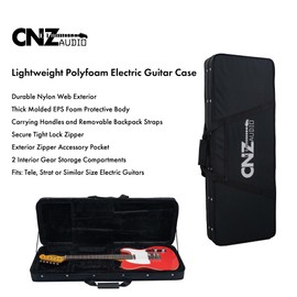 CNZ Audio Lightweight Polyfoam Electric Guitar Case Black for Tele & Strat - Durable Molded Foam, Water Resistant Nylon Shell, Plush Interior Lining, Backpack Straps & Handle 2 Gear Bays Zipper Pocket