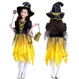Angenster Halloween Cosplay Witch Costume, Girl, Miko Costume, 39.4 - 59.1 inches (100 - 150 cm), 4 Piece Set (One Piece, Hat, Candy Bag, Magic Wand), Dress, Cute, Kids, Devil, Christmas, Event,