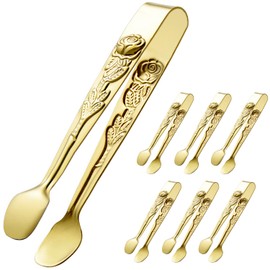 HINMAY Mini Serving Tongs 5-Inch Small Rose Sugar Cube Appetizer Tongs, Set of 6 (Gold)