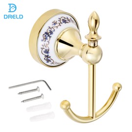 DRELD Modern Decorative Coat Hooks Made of Zinc Alloy and Ceramic, Nostalgia Retro Towel Hooks, Ceramic Towel Hooks, Antique Ceramic Hooks, Country House Style Coat Hooks for Bathroom (Gold)