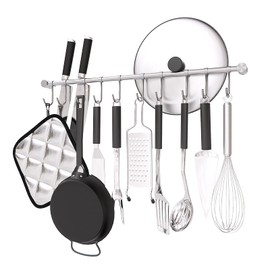 OKEPOO - Soporte para utensilios de bar de cocina, colgador de pared de 20 pulgadas con 10 ganchos deslizantes silenciosos, organizador para barra de cocina, acero inoxidable 304 (Plata)