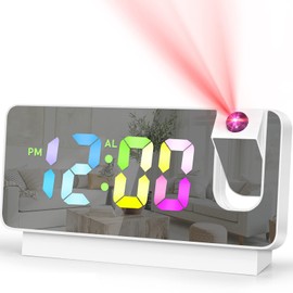 Projection Alarm Clock for Bedroom, LED Alarm Clock for Bedrooms, RGB Color Changing Clock for Teens, Kids 180°Projector& Dimmer,12/24H, Snooze, 7.5’’ Dual Loud Alarm Clock(White)
