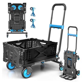2 in 1 Folding Hand Truck Dolly with Folding Basket, 330LBS Capacity Foldable Dolly with 4 Wheels, with 3-Gear Retractable Handle, Collapsible Rolling Carts for Moving-SAQTDQ2