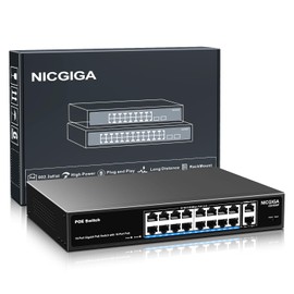 NICGIGA 18 Port PoE+@250W Switch - 16 Ports, 2 Gigabit Uplink, VLAN Mode, RackMount, Plug and Play