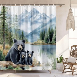 Rustic Black Bear Shower Curtain, Forest Lodge Cabin RV Curtain Decorative, Country Mountain Lake Landscape Nature Woodland Wildlife Hunting Shower Curtains for Bathroom with 12 Hooks, 72 x 72 Fabric