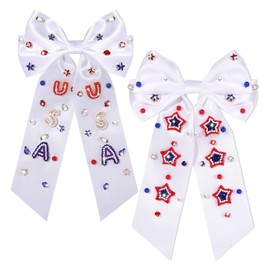 4th of July Accessories Hair Bows for Women Red White and Blue Silky Satin Hair Bows Jeweled American Flag Star USA Hair Bow Clips Fourth of July Patriotic Hair Accessories Outfits Party Favors Gifts