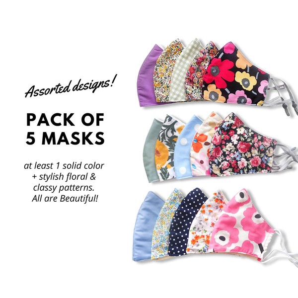 Reusable Masks for Adults - Stylish Cotton Face Mask for Women - 3 Layer with Filter Pocket Cloth Face Mask - Adjustable Ear Straps - Handmade Cute Floral Pattern - Assorted Designs Pack Of 5