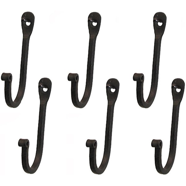 Early American Single Prong Wrought Iron Hooks, Set of 6 - Rustic Curved Metal Fasteners - Decorative Colonial Wall Décor