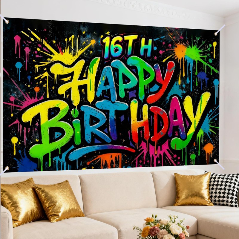16th Birthday Banner Polyester Graffiti Backdrop Decor 71"x43