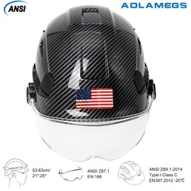 Aolamegs Bright Black Carbon Fiber Patern Hard Hat with Clear Visor-ANSI Z89.1 Hard Hats Construction OSHA Approved for Men Adult,Vented Hardhat with Safety Glasses,Reflective Hard Hat with Chin Strap