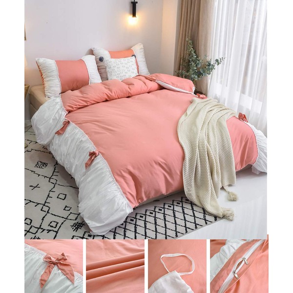 FADFAY Girls Bedding Twin XL Pinch Pleat Comforter Cover Set 100% Cotton 600 TC Super Soft Dorm Colledge Princess Duvet Cover with Cute Butterfly Ties Coral Pink and White Bedding- No Comforter