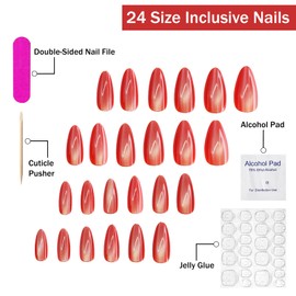 Red Press on Nails Almond Long Fake Nails Pure Color Glossy False Nails Charm Reusable Sparkly Artificial Nails Full Cover Glue on Nails Stick on Nails for Women Girls Nail Accessories