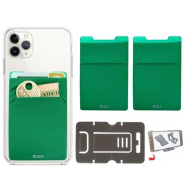 WUOJI RFID Blocking Phone Card Wallet - Double Secure Pocket - Ultra-Slim Self Adhesive Credit Card Holder Card Sleeves Phone Wallet Sticker All Smartphones (Green)-2PC
