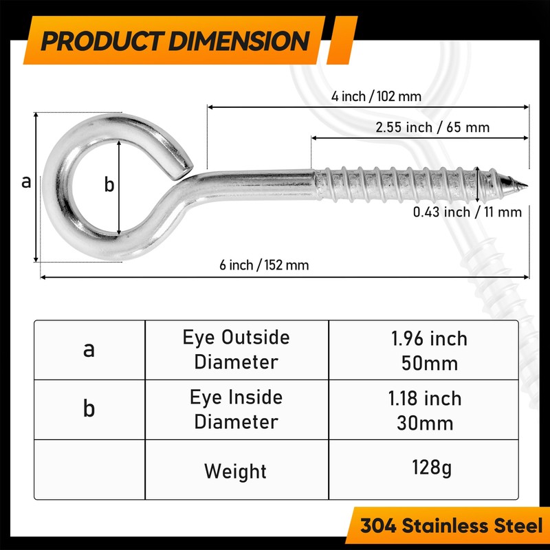 2Pcs 6 Inch Heavy Duty Screw Eyes Hooks, 304 Stainless