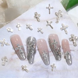 SILPECWEE 20pcs Silver Cross Nail Charms 3D Cross for Nails Design Nail Rhinestones Gems Crystals Punk Nail Charm Alloy Cross Nail Studs Jewels Nail Decoration for Craft Nail Art Supplies