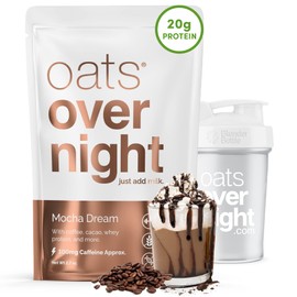 Oats Overnight - Mocha Dream - 20g Protein, High Fiber Breakfast Shake 100mg Caffeine - Gluten Free, Non GMO Oatmeal (2.7 oz per meal) (8 Pack + Shaker Bottle)