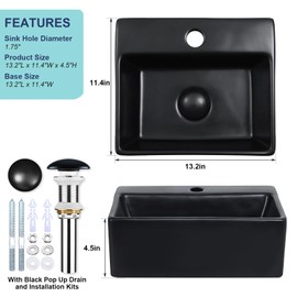 Davivy 13.2"x11.4" Wall Mounted Matte Black Small Rectangle Vessel Sink with Pop Up Drain and Installation Kit,Bathroom Sink Above Counter,Ceramic Vessel Sink (Small,Dual Installation Method)