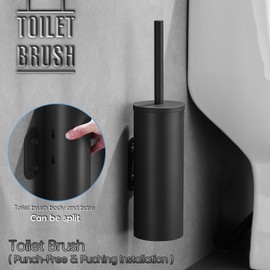 Toilet Bowl Brush and Holder, 304 Stainless Steel No-Punch Hook Base Dual Purpose Toilet Brush Holder with Removable Inner Bucket and Splash Cover - Soft Bristles (Black)