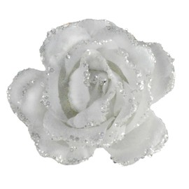 Christmas Tree Decoration Clip on Rose Flower 10cm Fabric with Glitter Wedding Decoration (White 9979)