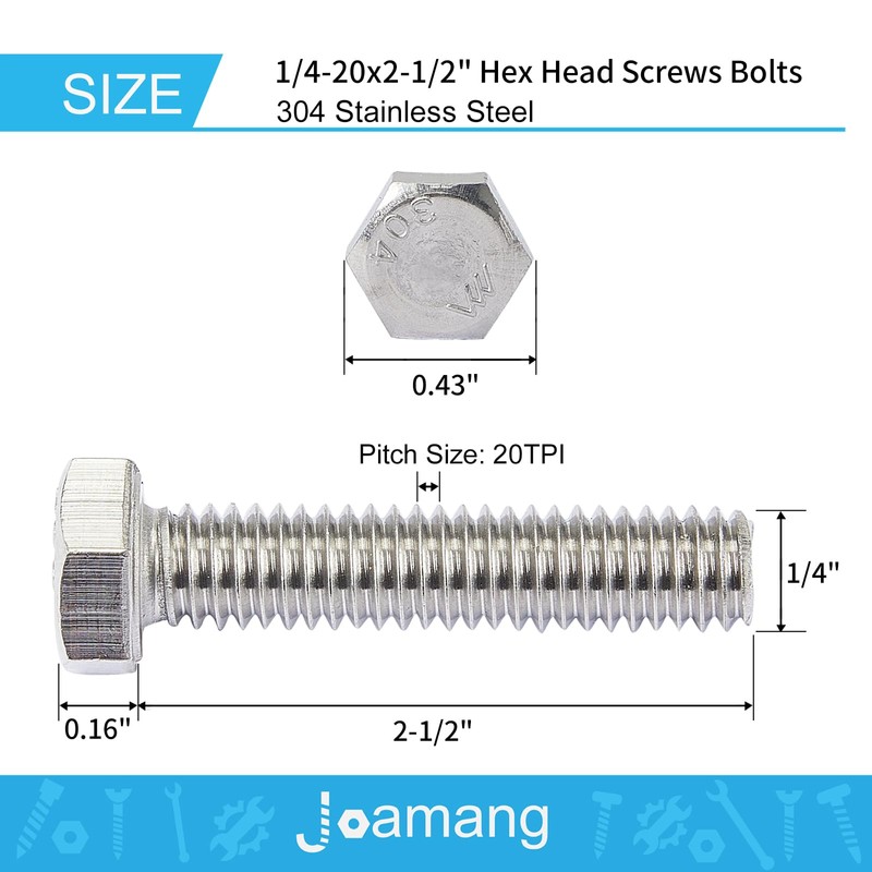 Joamang 1/4-20 x 2-1/2" 10PCS Hex Head Bolts Screws, Stainless